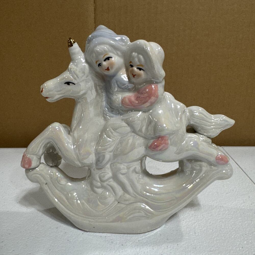 VTG Lusterware Iridescent Playful Children Riding a Unicorn Figurine White